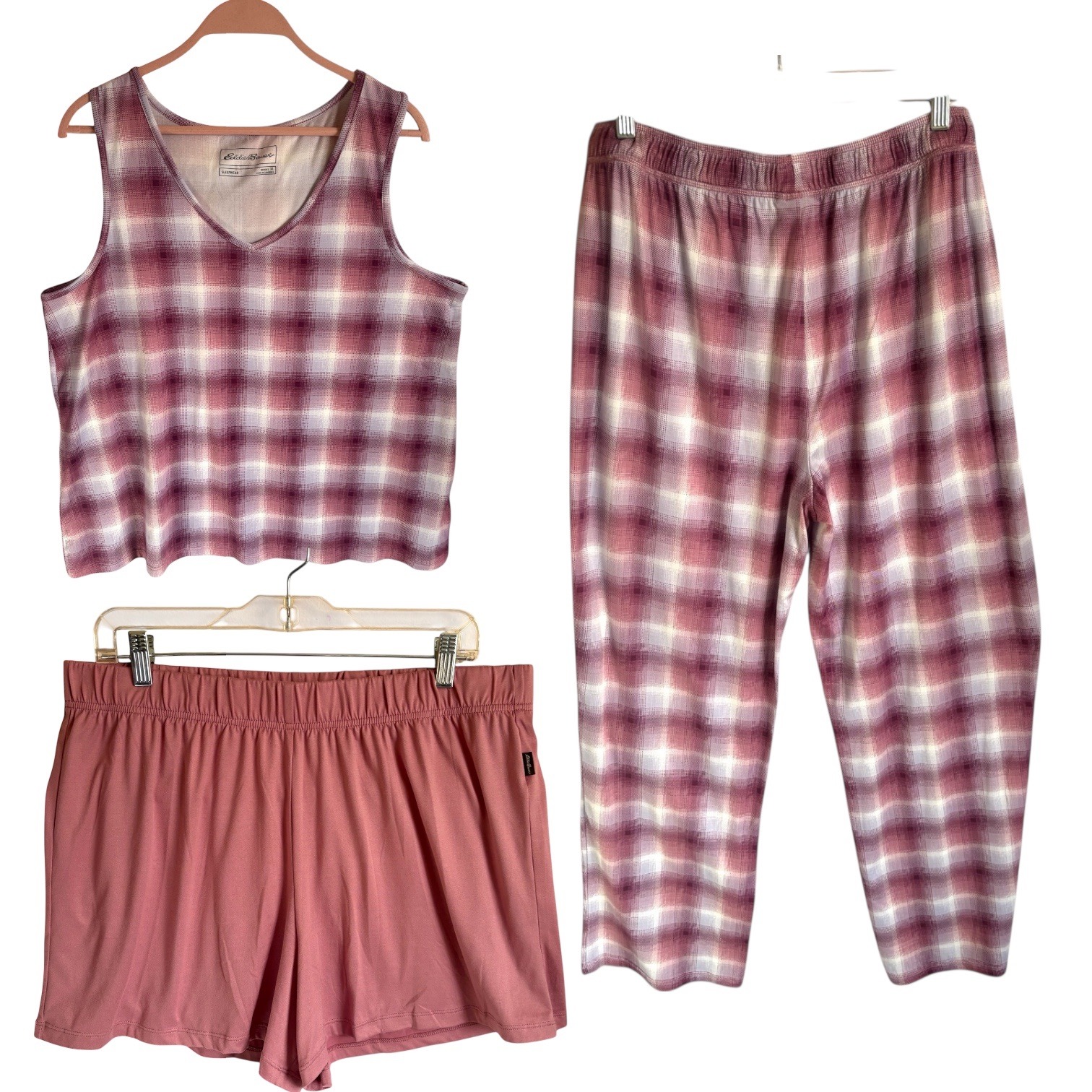 Eddie Bauer Pink 3 Piece Pajama Set Plaid Tank Top Pants Shorts Xl Lounge Soft